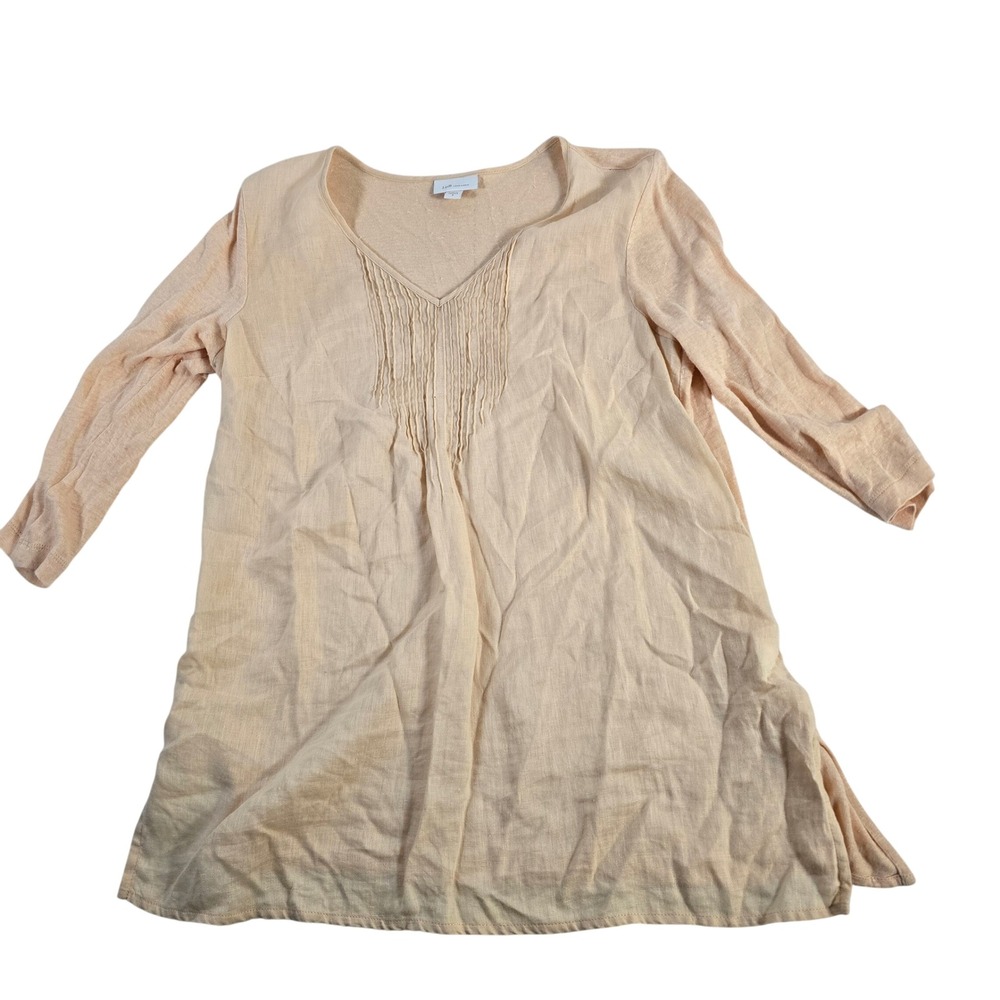 J Jill Love Linen Tunic Top Peach V Neck Pintuck Pleated Long Sleeve Size S